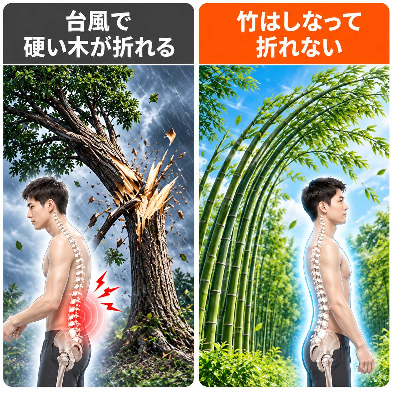 左：台風で硬い木が折れる　右：竹はしなっておれない